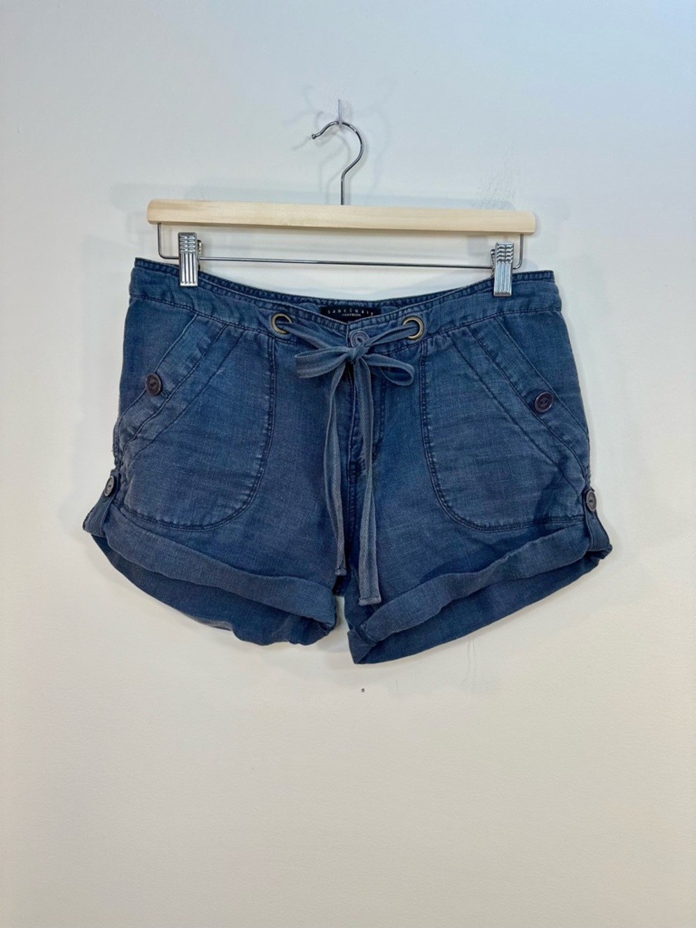 Sanctuary Clothing 100% Linen Shorts Sz 27 Washed Navy Blue Cargo Coastal Beach